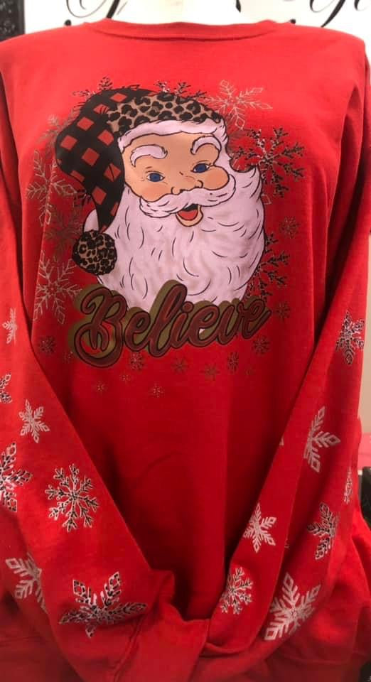 Believe - Santa - Red Sweatshirt with snowflakes on sleeve