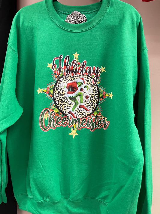 Holiday Cheermeister on green sweatshirt