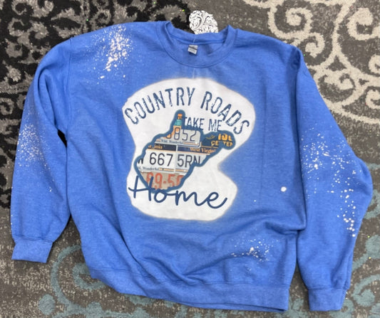 Country Roads Take Me Home Sweatshirt -Blue with License Plates