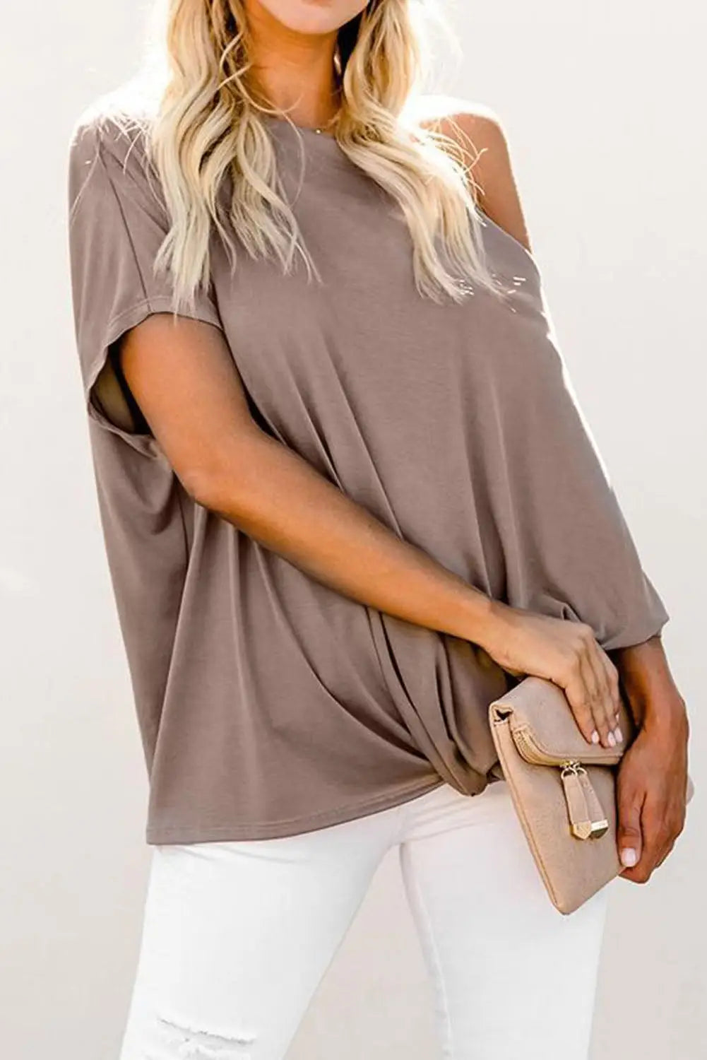 Khaki Off-the-Shoulder Casual Loose Fitting Top