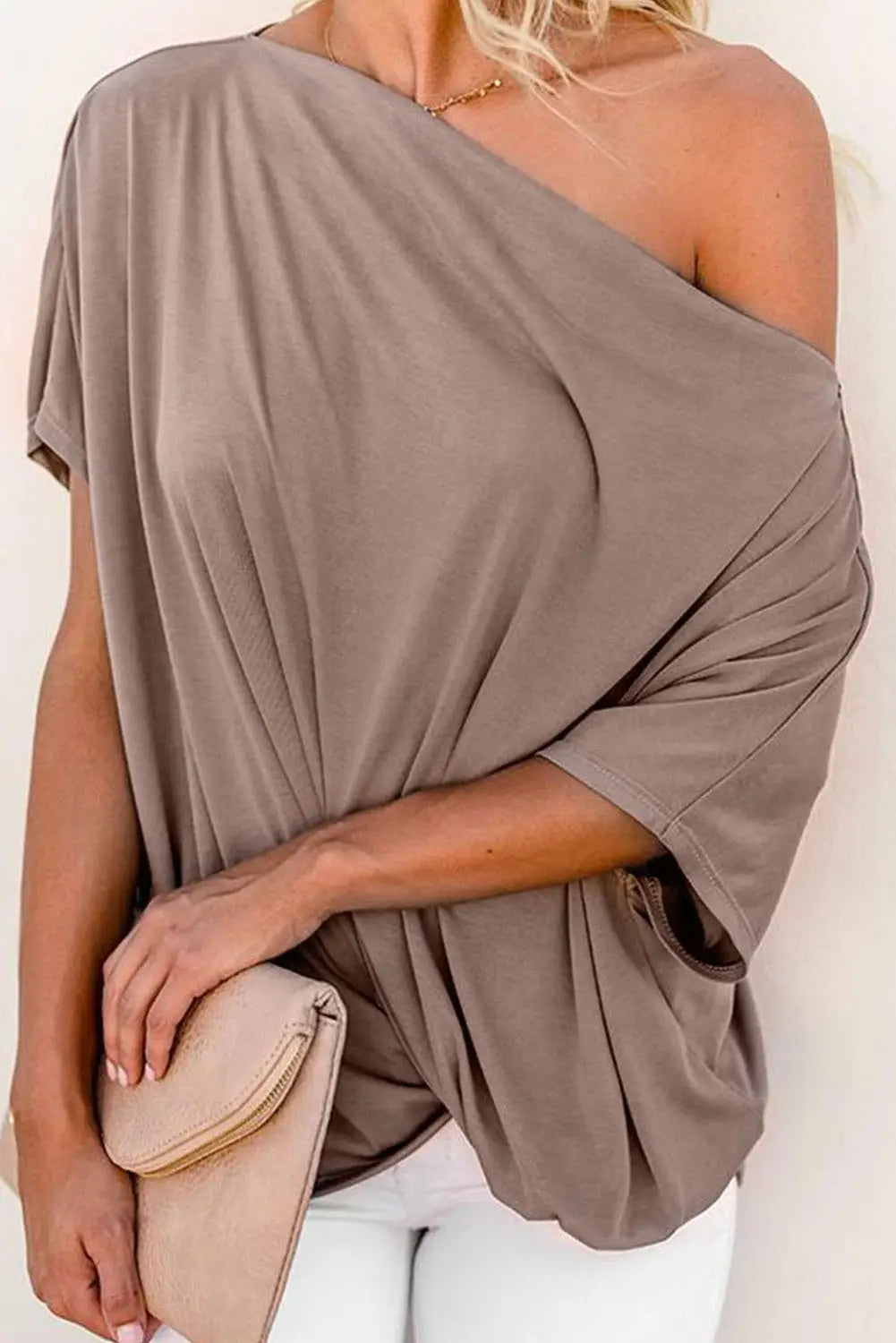 Khaki Off-the-Shoulder Casual Loose Fitting Top