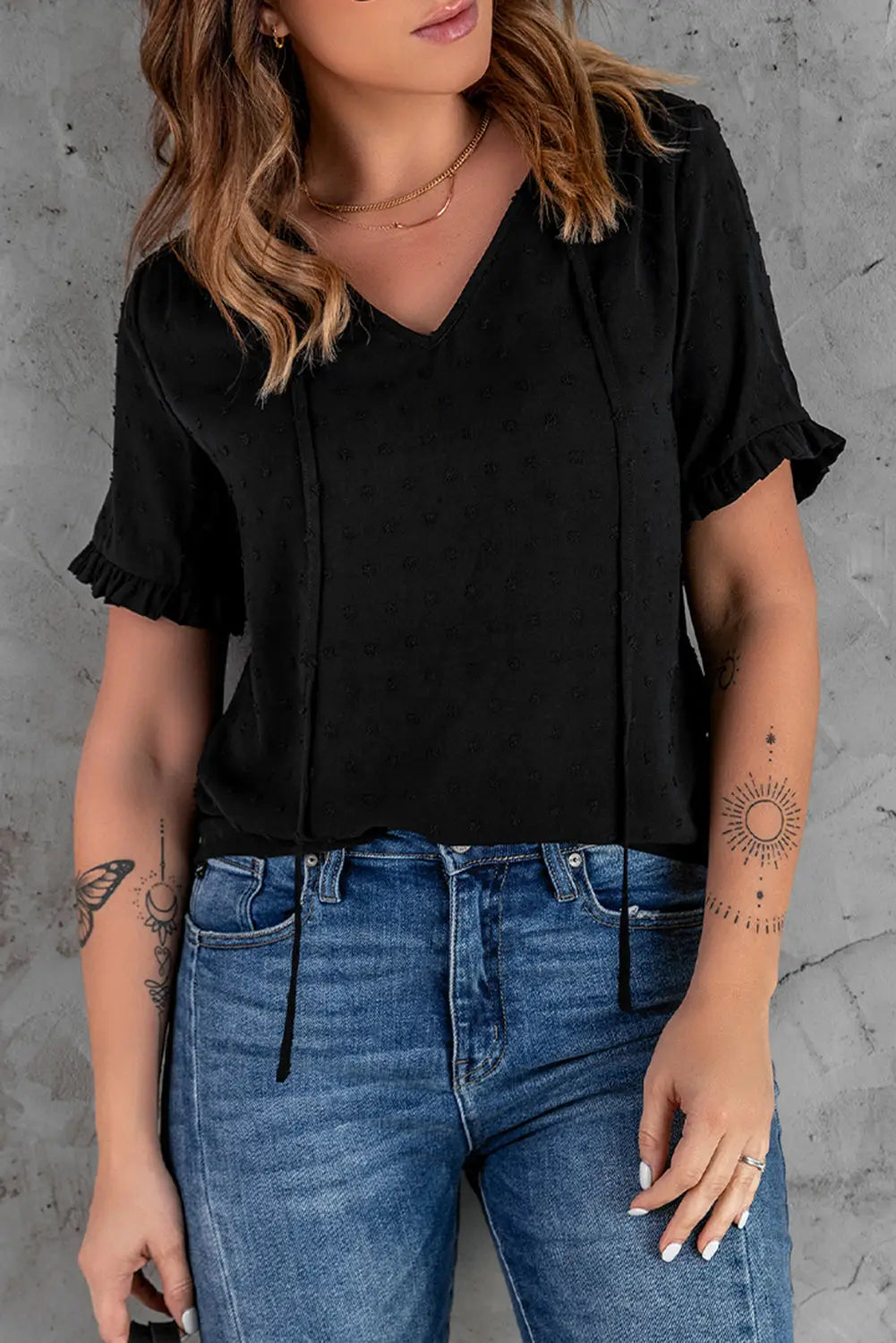 Black Swiss Dot Ruffled Short Sleeve V-Neck